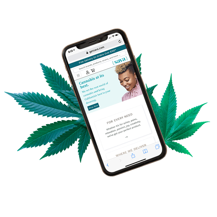 mobile phone screen with cannabis leaf showing Sava website online